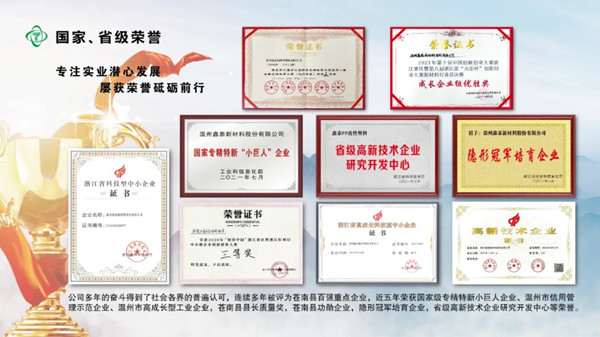 溫州鑫泰新材料股份有限公司榮譽(yù)證書(shū)
